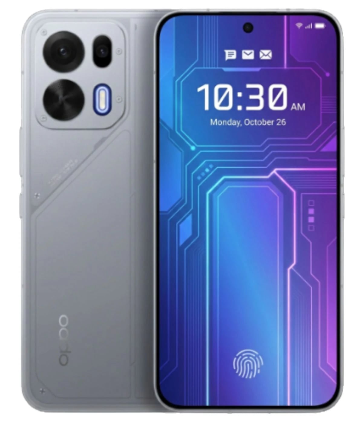 Oppo K15 Pro smartphone in sleek silver design featuring a vibrant display with a futuristic interface, dual rear cameras, and an in-display fingerprint sensor. The device showcases a modern aesthetic with a transparent back and advanced technology.
