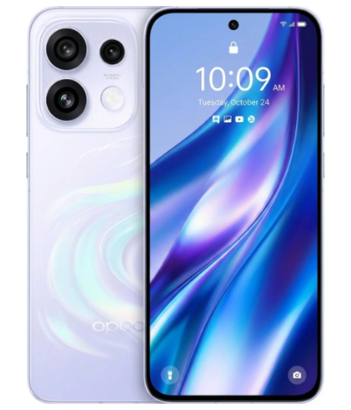 Oppo Reno 16 smartphone featuring a sleek design with a glossy white finish, triple rear camera setup, and vibrant display showing the time and date. The device is positioned front-facing with a modern aesthetic.