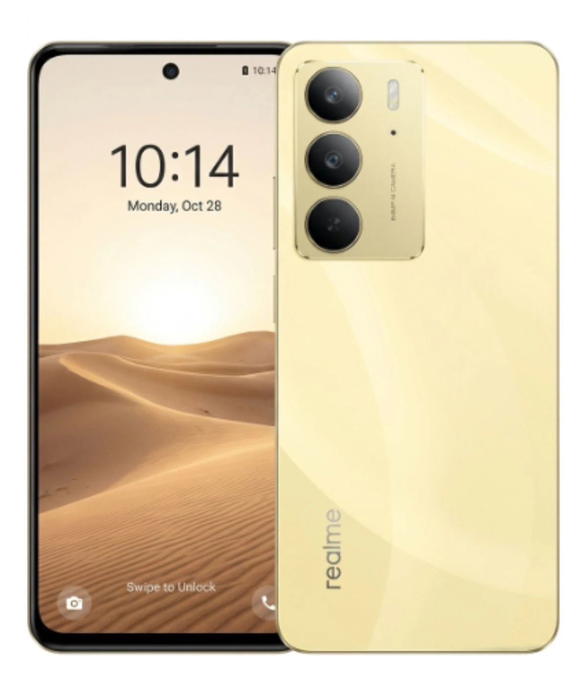 Realme C75 smartphone in a sleek yellow design featuring a triple camera setup on the back, showcasing a vibrant display with a desert background. The device is presented in a front view, highlighting its modern aesthetics and premium finish.