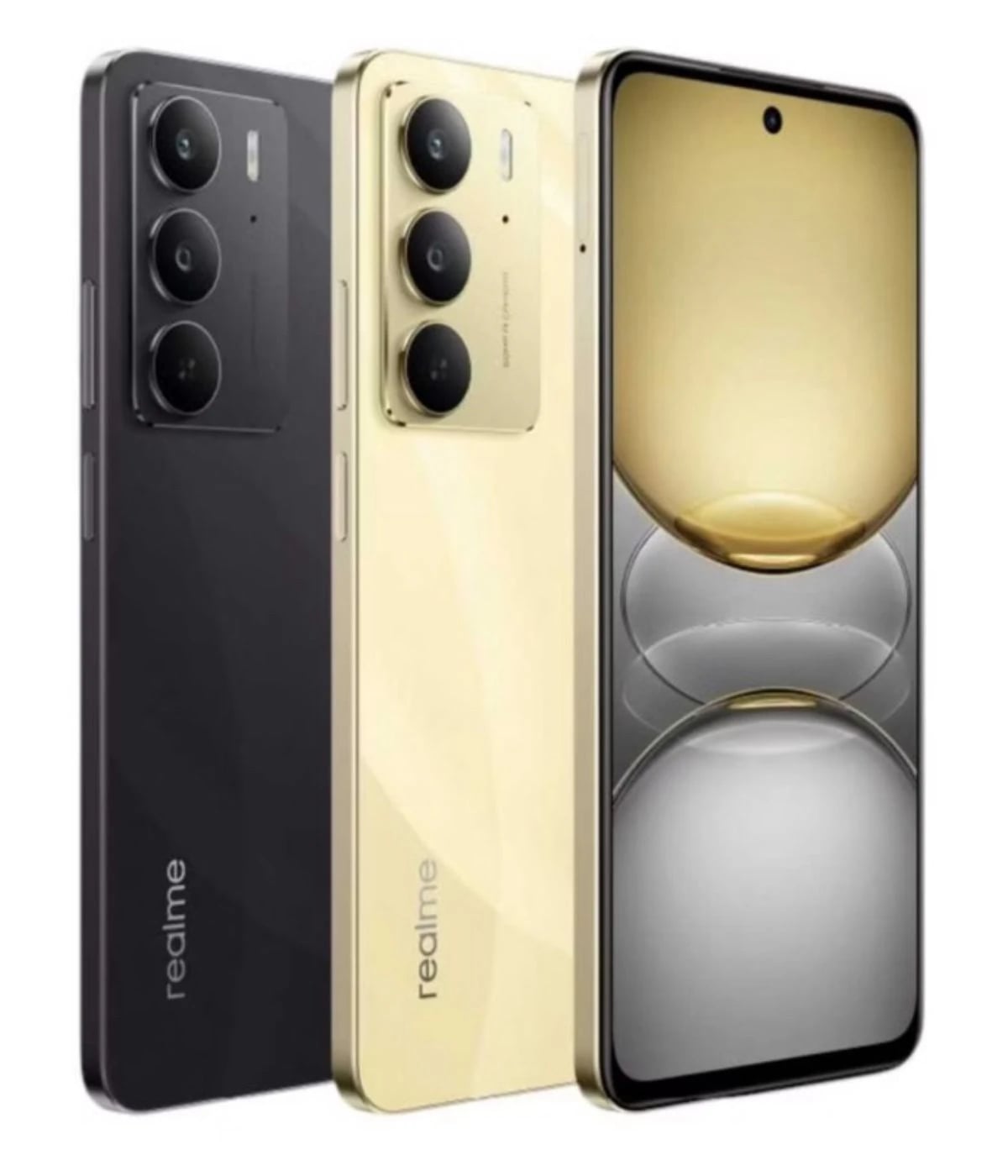 Realme C75 smartphone featuring a sleek design with a black and gold color variant. The device showcases a triple camera setup on the back and a vibrant display with a centered punch-hole front camera. Ideal for tech enthusiasts.
