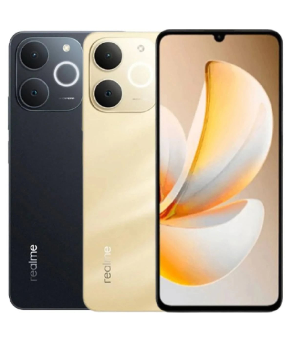 Realme Note 70 smartphone displayed in two colors: sleek black and elegant gold. Features a large display with a minimal notch, dual rear cameras with circular design, and the Realme logo prominently featured.