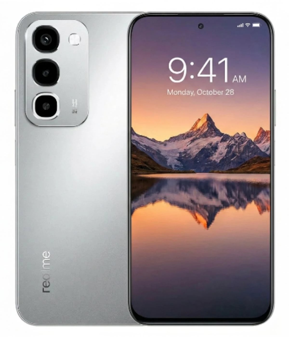 Realme P4R smartphone in sleek silver finish featuring a triple camera setup on the back and a vibrant display showing a scenic mountain landscape. The device is positioned on a plain background, highlighting its modern design and premium look.