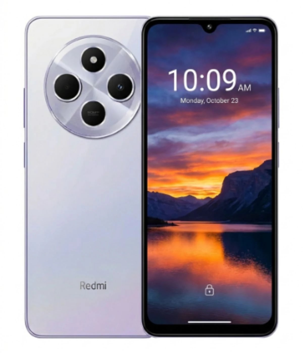 Redmi 14C smartphone featuring a sleek design with a glossy purple back and a large display. The device showcases a unique circular camera module with four lenses. The screen displays a vibrant sunset wallpaper, emphasizing its high-resolution…