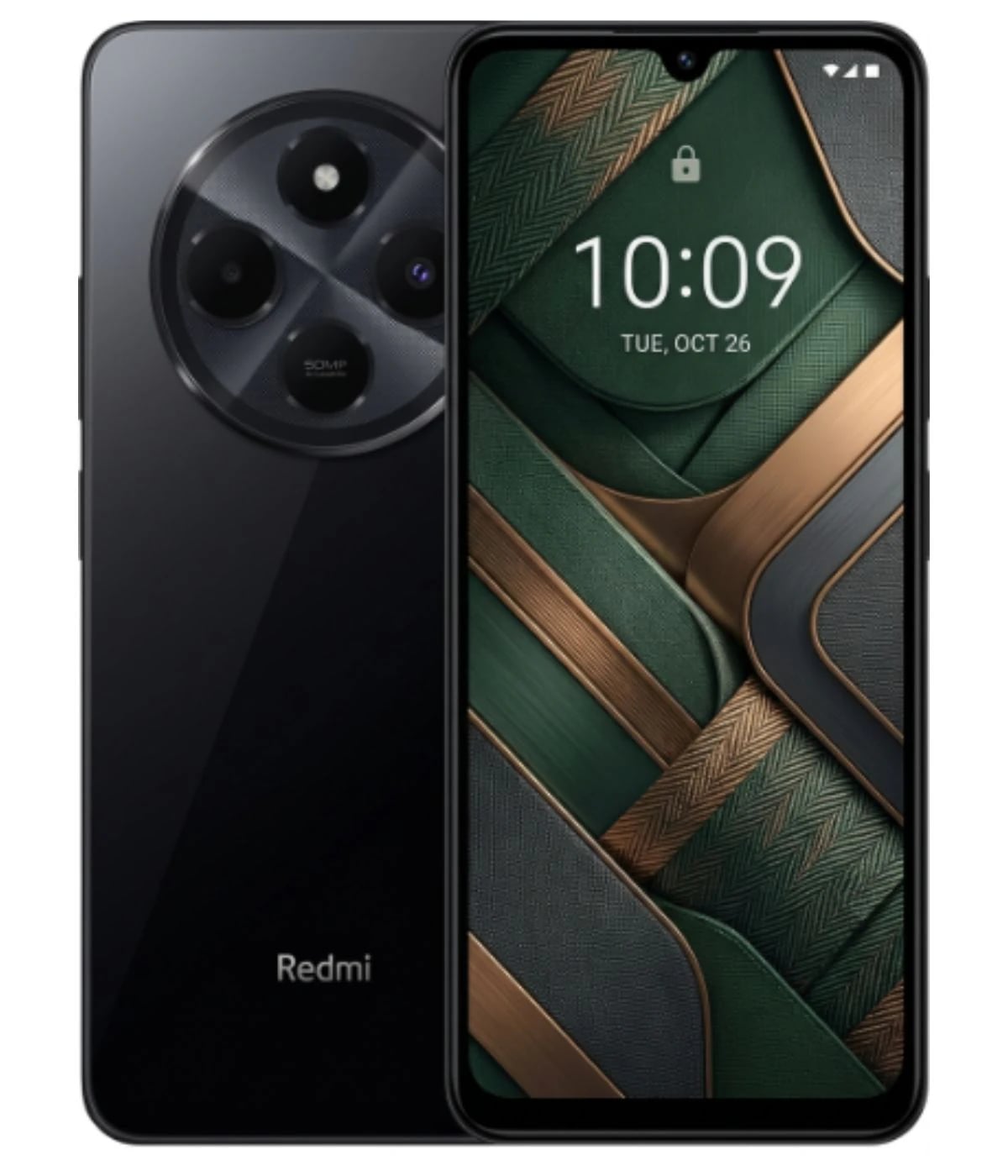 Redmi 14C smartphone featuring a sleek black design with a 50MP triple camera setup, vibrant display showing intricate green and gold patterns, and a modern front view. Perfect for tech enthusiasts.