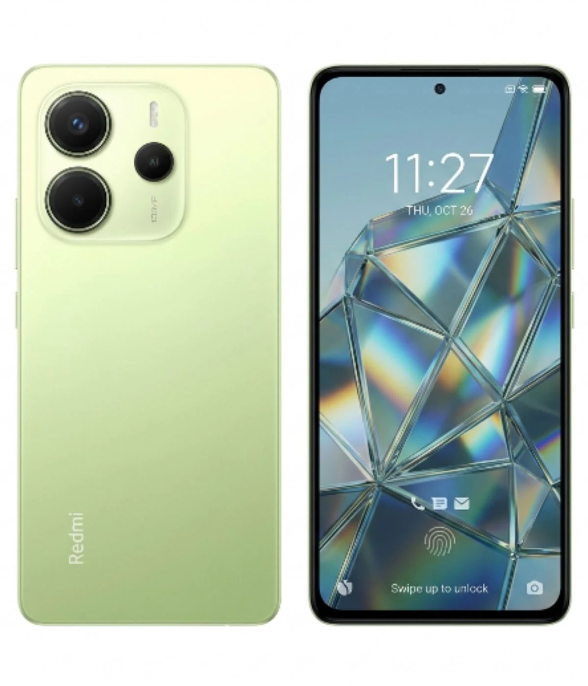 Redmi Note 14 smartphone in light green color, showcasing a dual-camera setup on the back and a vibrant display with a fingerprint sensor. The device features a sleek design with rounded edges, perfect for modern users.