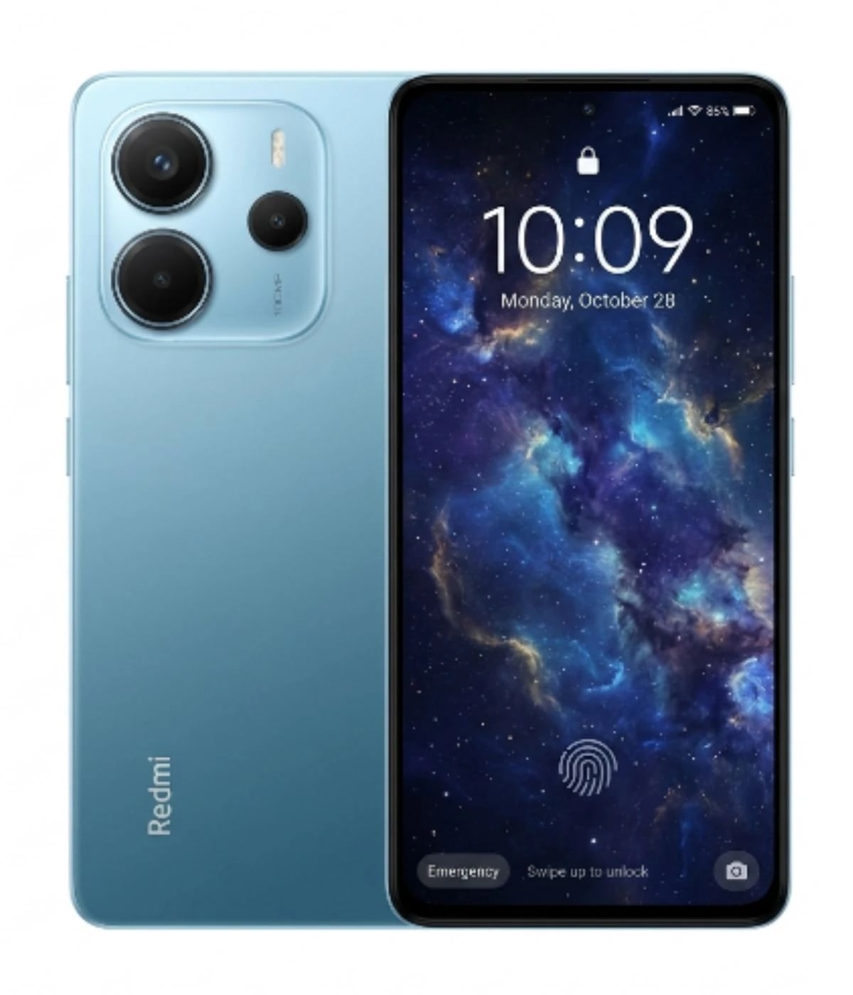 Redmi Note 14 smartphone in a stunning blue color with a sleek design. Features a vibrant display showing a cosmic wallpaper, dual rear cameras, and a fingerprint sensor on the screen. Ideal for tech enthusiasts.