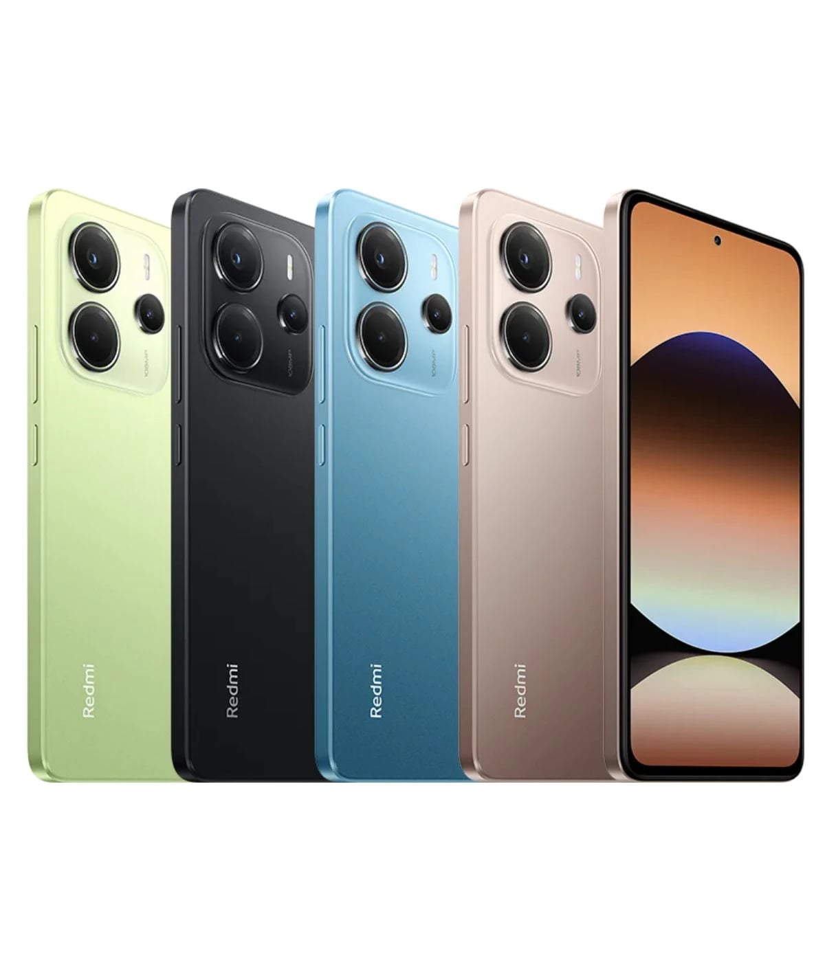 Redmi Note 14 smartphone lineup featuring four color variants: green, black, blue, and gold. Each phone showcases a sleek design with dual rear cameras and a modern front display. Ideal for tech enthusiasts and everyday users.