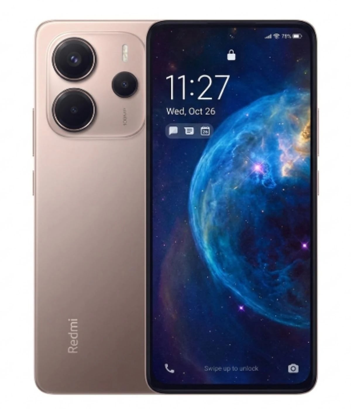 Redmi Note 14 smartphone in a sleek gold finish, featuring a vibrant display with a cosmic wallpaper, triple rear camera setup, and a modern design. The device showcases a front view with a clear screen and minimal bezels.