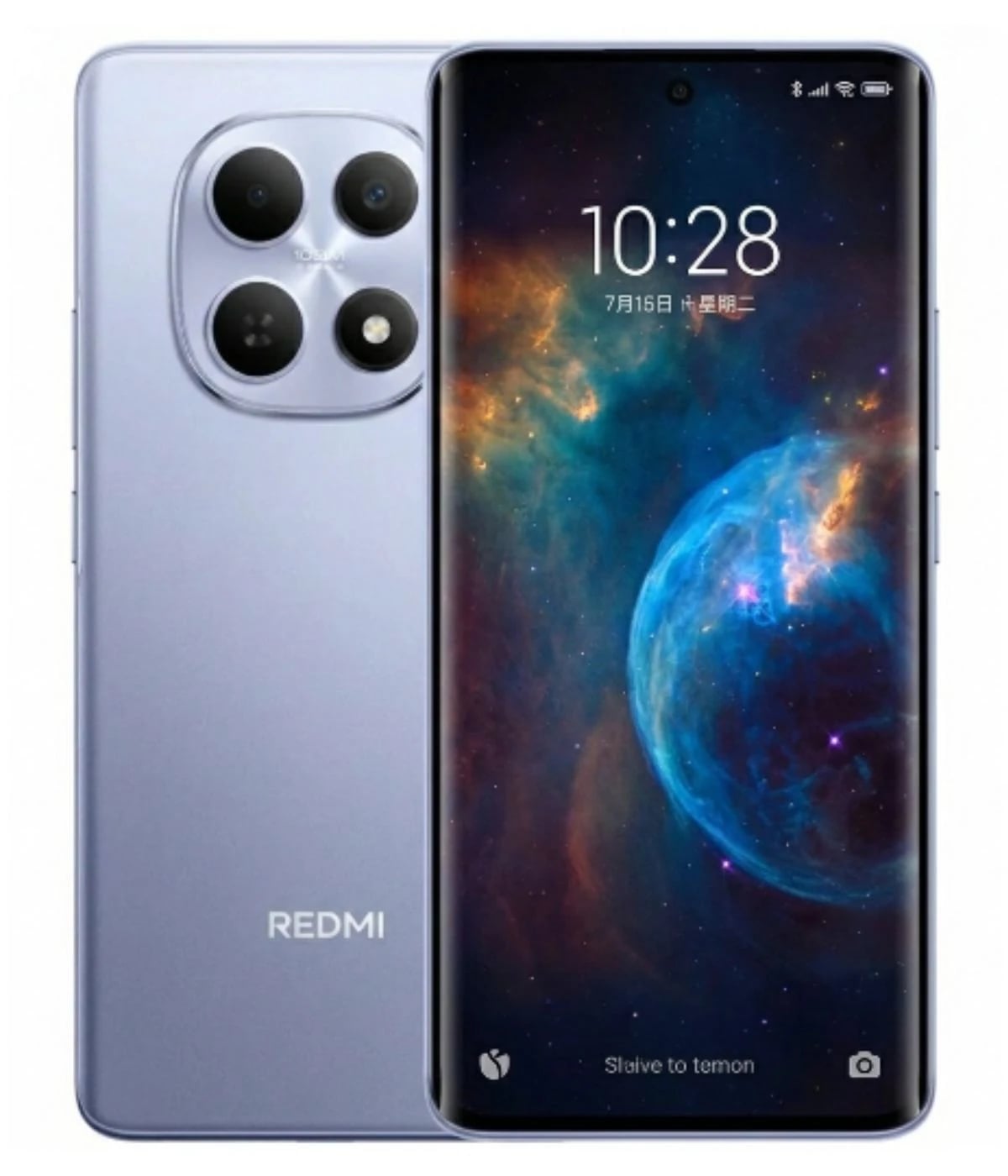 Redmi Note 15 smartphone in a sleek light blue color featuring a vibrant display with a cosmic wallpaper. The back showcases a modern camera setup with three lenses and a flash. The brand logo 'REDMI' is prominently displayed.