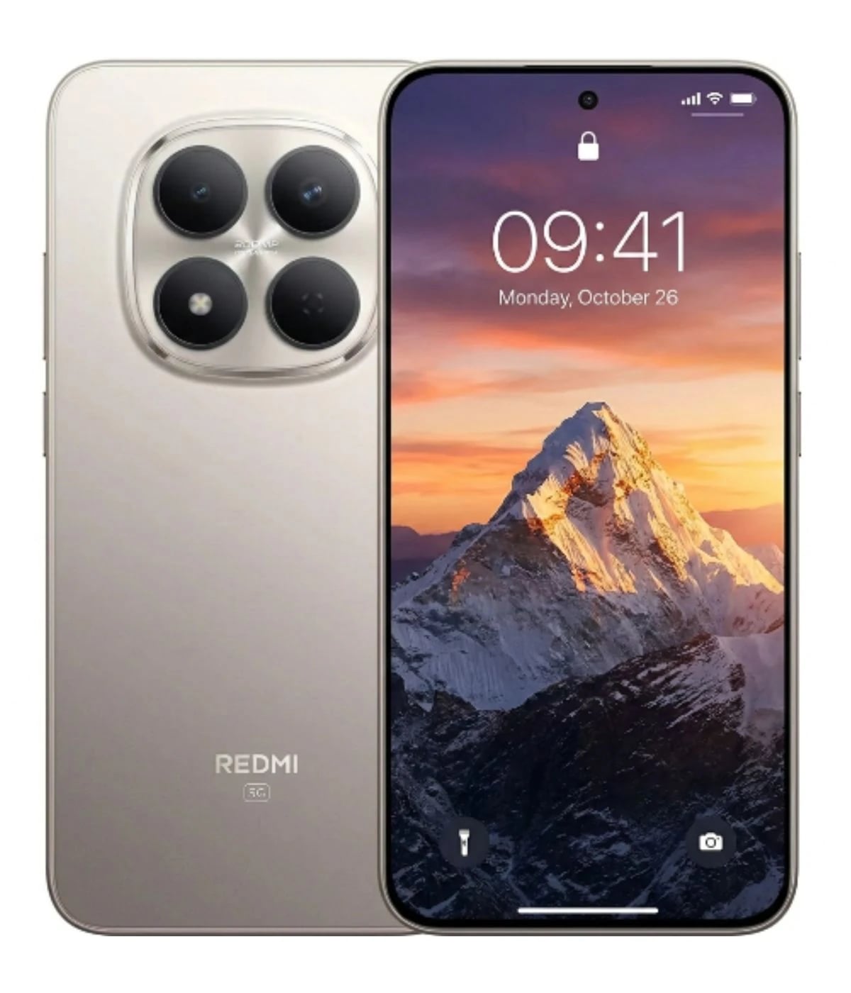 Redmi Note 15 smartphone in a sleek silver finish, featuring a stunning display with a mountain wallpaper. The back showcases a quad-camera setup with a glossy design. Ideal for tech enthusiasts seeking modern aesthetics and functionality.