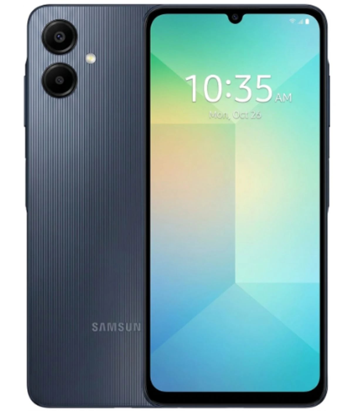 Samsung A06 smartphone in dark blue color featuring a sleek design, dual rear cameras, and a vibrant display showing the time. The device has a textured back for better grip and a modern aesthetic.