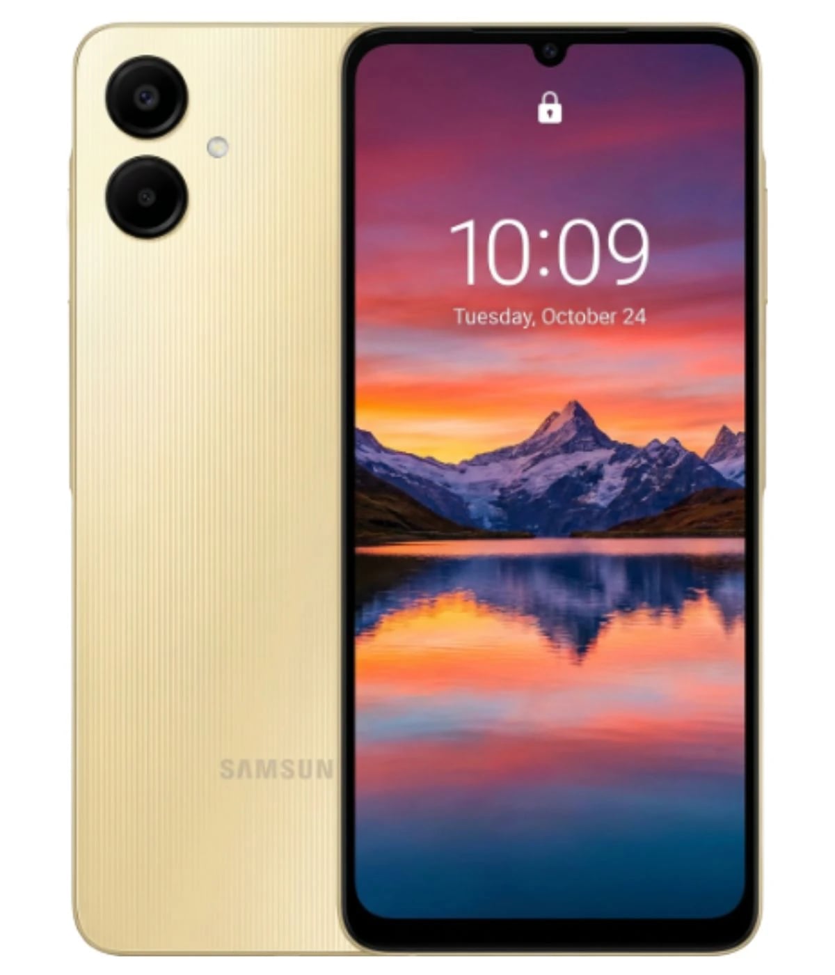 Samsung A06 smartphone in gold color featuring a dual-camera setup and a vibrant display showing a scenic landscape. The device has a sleek design with a textured back and a front-facing screen displaying the time and date.