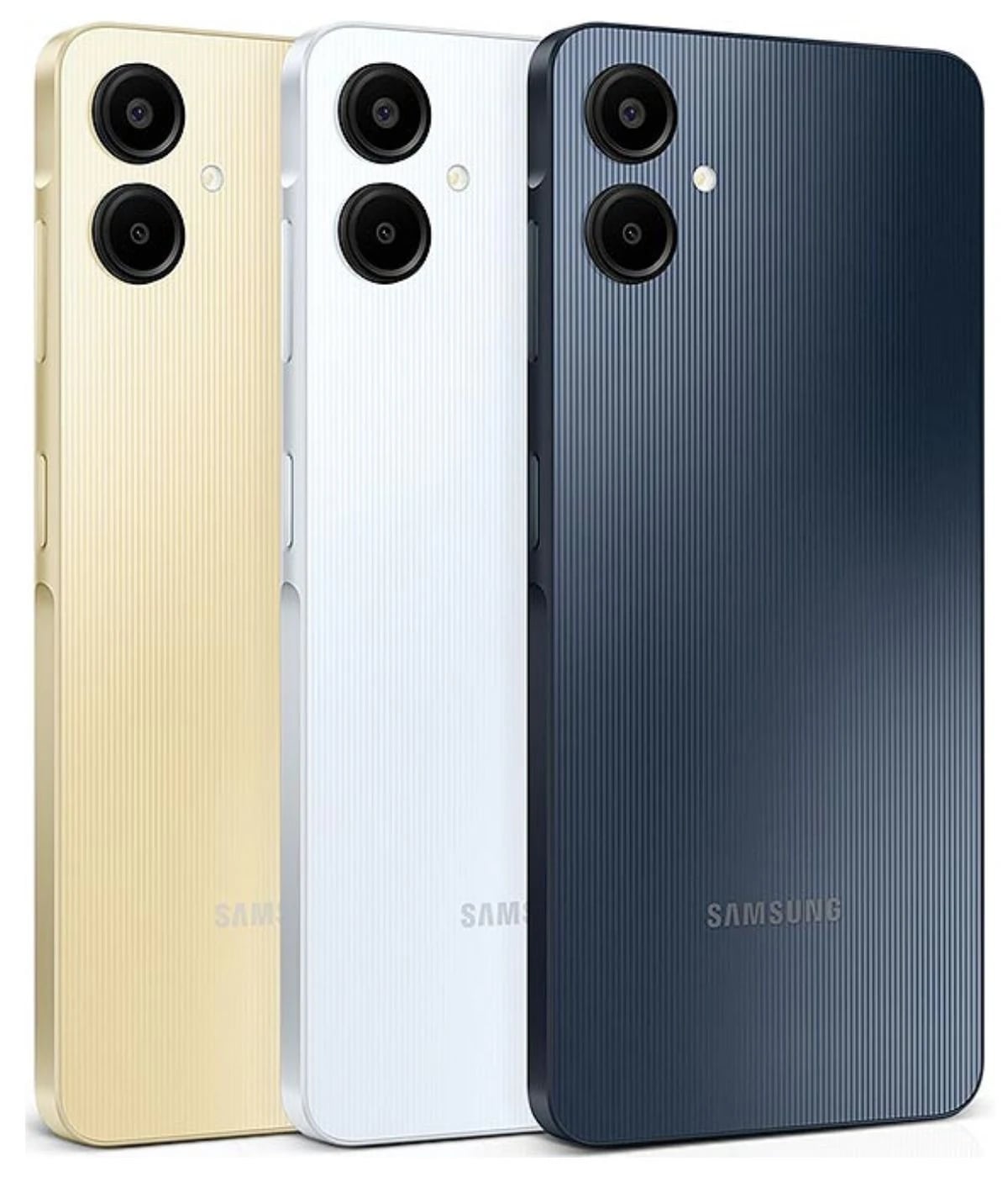 Samsung A06 smartphone in three colors: gold, white, and navy blue. Features a textured back design with dual cameras and a sleek finish. Ideal for modern users seeking style and functionality.