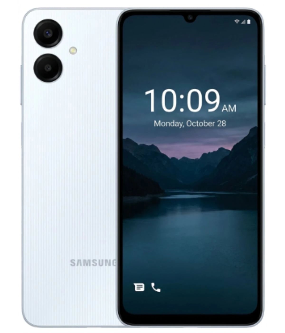 Samsung A06 smartphone in white color featuring a sleek design with a dual-camera setup on the back and a vibrant display showing a scenic landscape. The device has a textured finish and is positioned against a plain background, highlighting its…