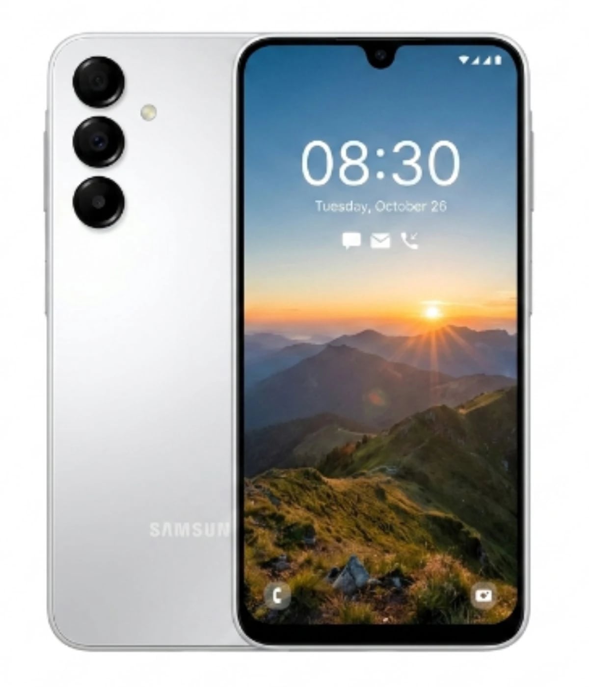 Samsung Galaxy A16 smartphone in sleek white finish, featuring a vibrant display showcasing a scenic mountain sunset. The device has a triple-camera setup on the back, emphasizing its modern design and functionality.