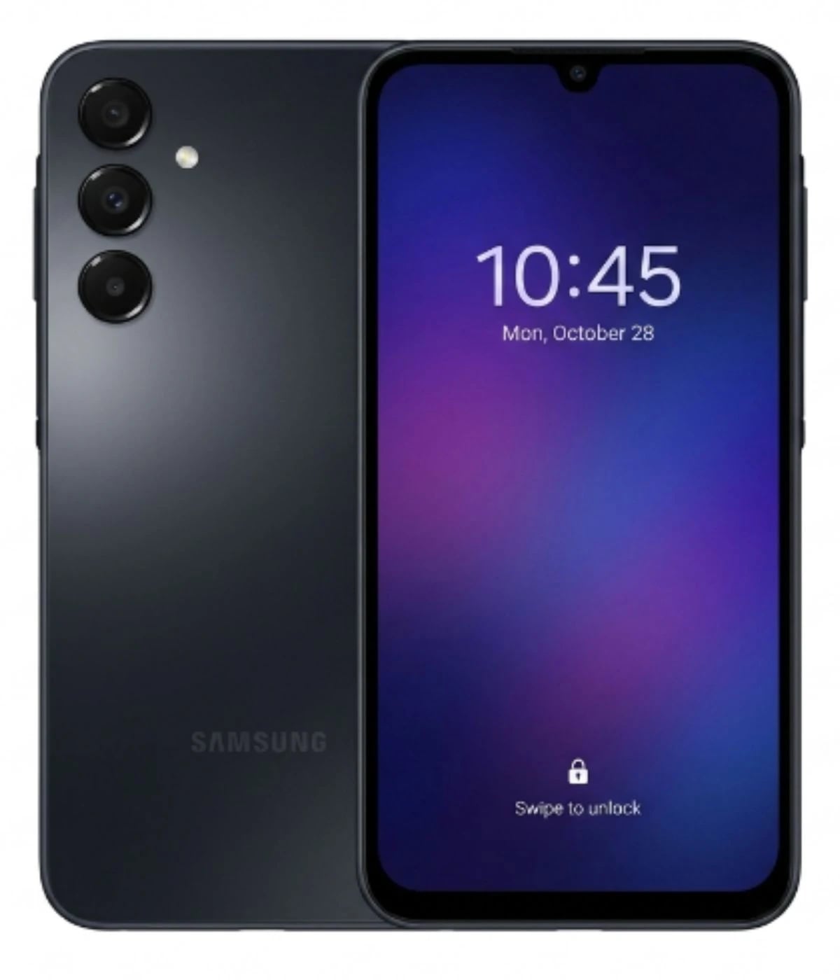 Samsung A16 smartphone in sleek black design showcasing a vibrant display with a purple gradient background. Features a triple camera setup on the back and a modern front view with a lock screen display.
