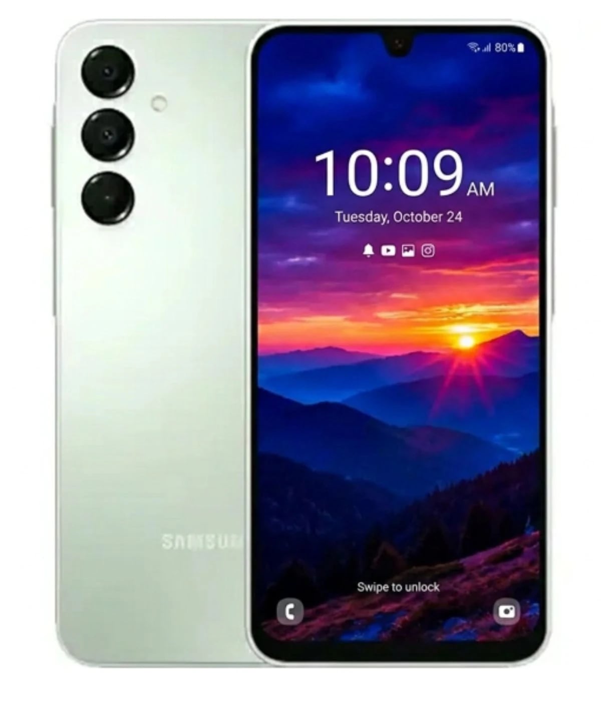 Samsung Galaxy A28 smartphone in light green color featuring a vibrant display with a scenic sunset wallpaper. The device showcases a triple camera setup on the back and a sleek design, ideal for modern users.