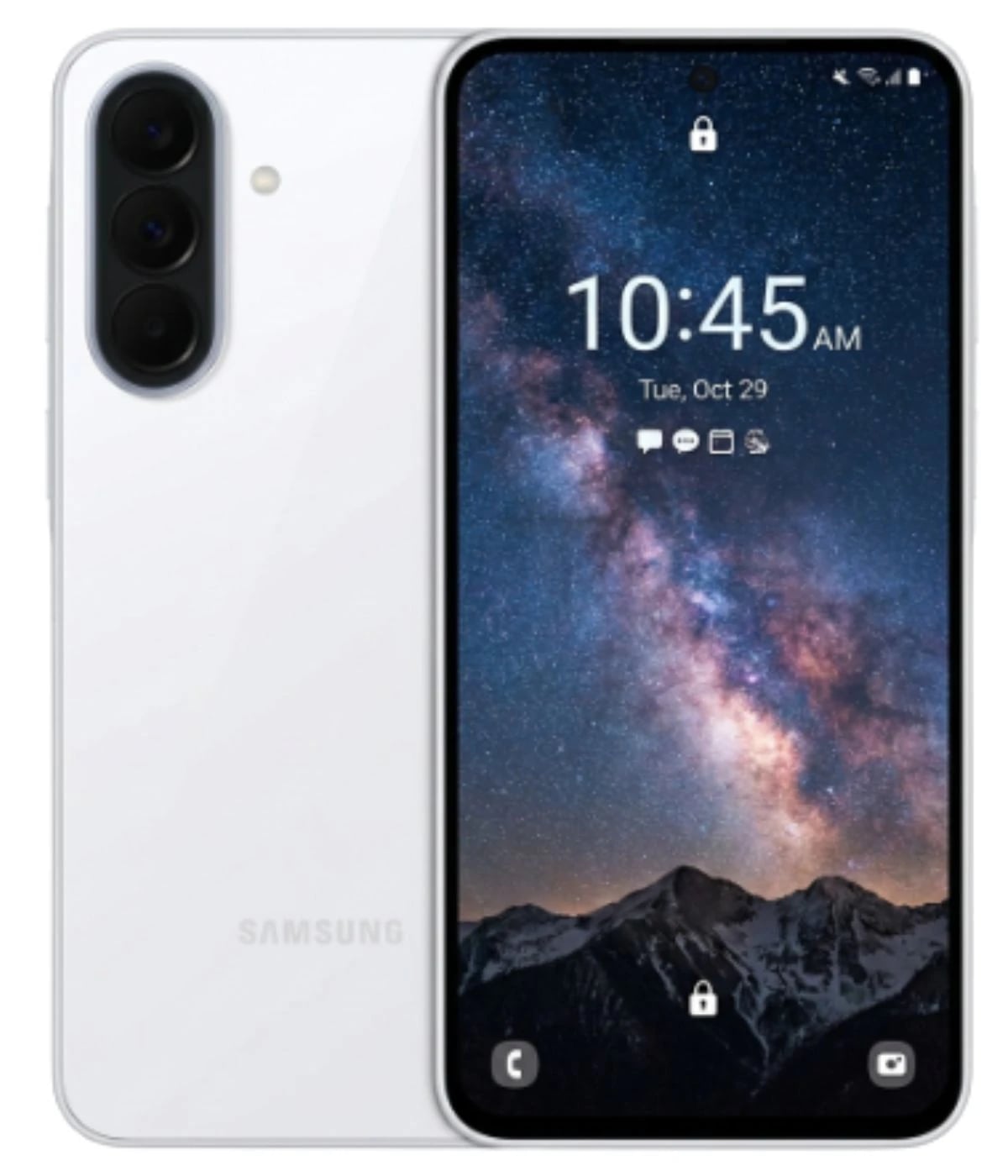 Samsung Galaxy A37 smartphone in white color featuring a sleek design. Display shows a starry night background with time and app icons. Triple camera setup on the back, emphasizing modern technology.