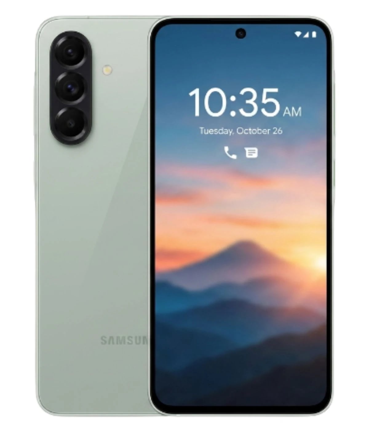 Samsung Galaxy A56 smartphone in light green color featuring a sleek design, triple rear camera setup, and vibrant display showing a scenic background. The device is displayed front and back, highlighting its modern aesthetics.