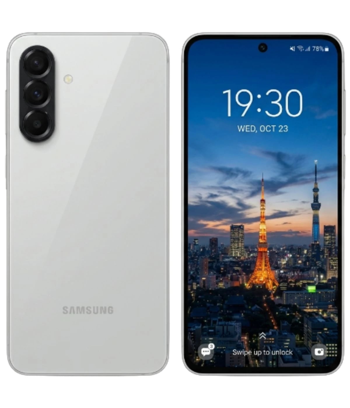 Samsung Galaxy A56 smartphone in sleek white finish, showcasing a triple camera setup on the back and a vibrant display with a city skyline wallpaper. The device features a modern design with a flat edge and minimal bezels, ideal for tech…
