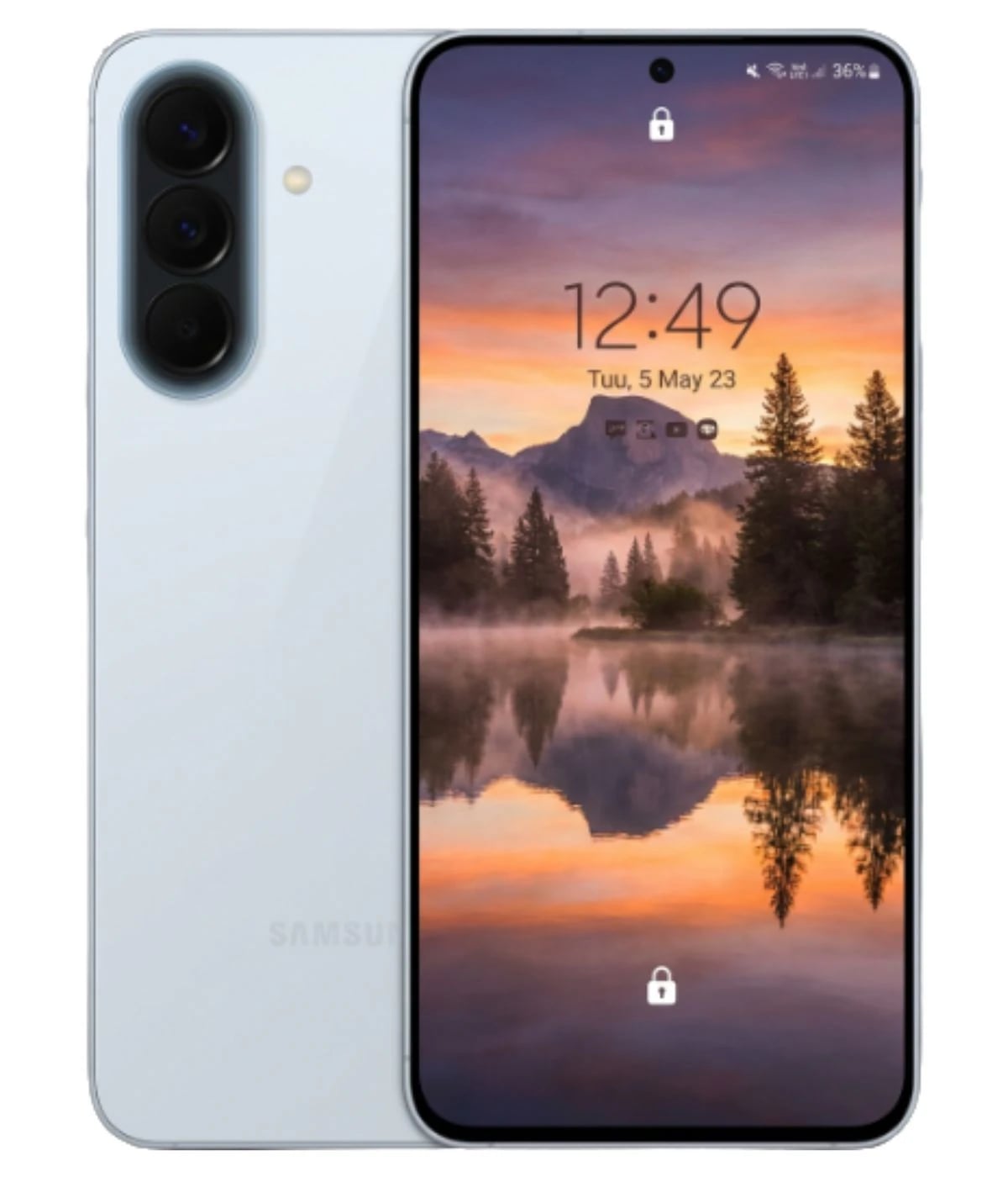 Samsung Galaxy A57 smartphone in sleek white finish, showcasing a vibrant display with a scenic mountain and lake wallpaper. Features a triple camera setup on the back, emphasizing modern design and technology.