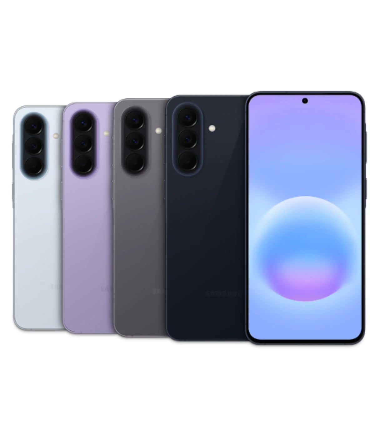 Samsung Galaxy A57 smartphone lineup showcasing four color variants: light blue, lavender, gray, and navy. Each phone features a sleek design with a triple camera setup on the back and a vibrant display on the front.