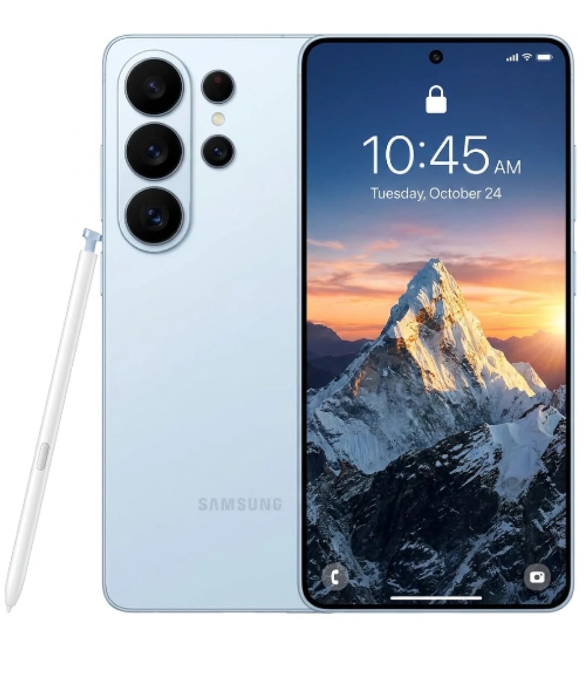 Samsung Galaxy S26 Ultra smartphone in a sleek light blue color with a large display showcasing a mountain landscape. Features a stylus pen, triple camera setup on the back, and a modern design. Ideal for tech enthusiasts.