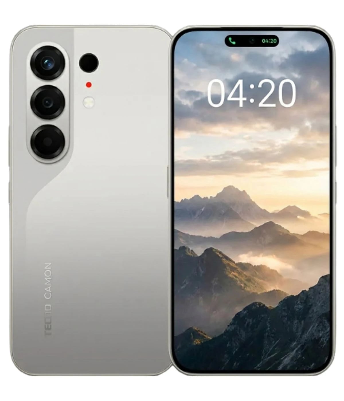 Tecno Camon 50 smartphone in sleek silver finish, featuring a triple camera setup on the back and a vibrant display showcasing a mountain landscape. The device displays the time 04:20, highlighting its modern design and functionality.