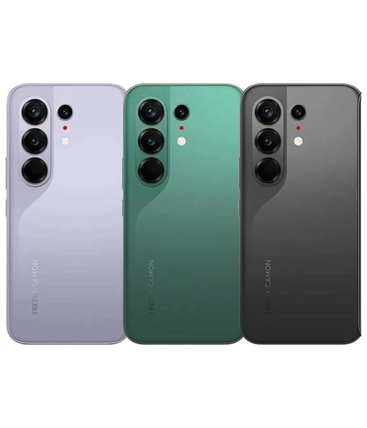 Tecno Camon 50 smartphone in three colors: lavender, green, and black. Each phone features a sleek design with a dual-camera setup and a smooth finish. The brand name Tecno is prominently displayed on the back.