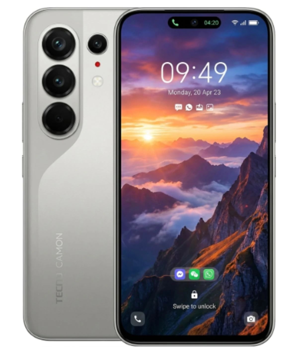Tecno Camon 50 Pro smartphone in silver color featuring a triple camera setup and vibrant display showing a scenic mountain landscape. The device has a sleek design with rounded edges and a modern interface.