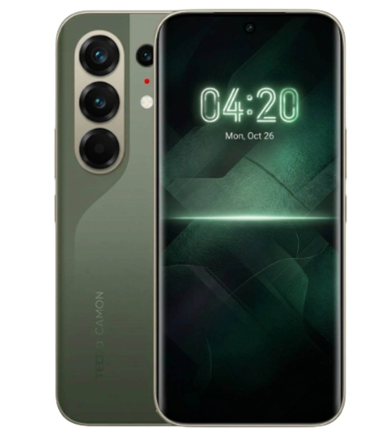 Tecno Camon 50 Pro smartphone in green color featuring a sleek design, triple rear camera setup, and a vibrant display showing the time 04:20. The device has a modern aesthetic with a glossy finish.