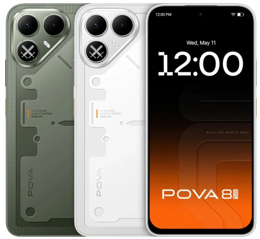 Tecno Pova 8 smartphone featuring a dual-camera design in green and white colors. The device showcases a sleek, modern aesthetic with a vibrant display showing the time and brand logo. The back highlights an ultra-charged 8680 mAh battery.