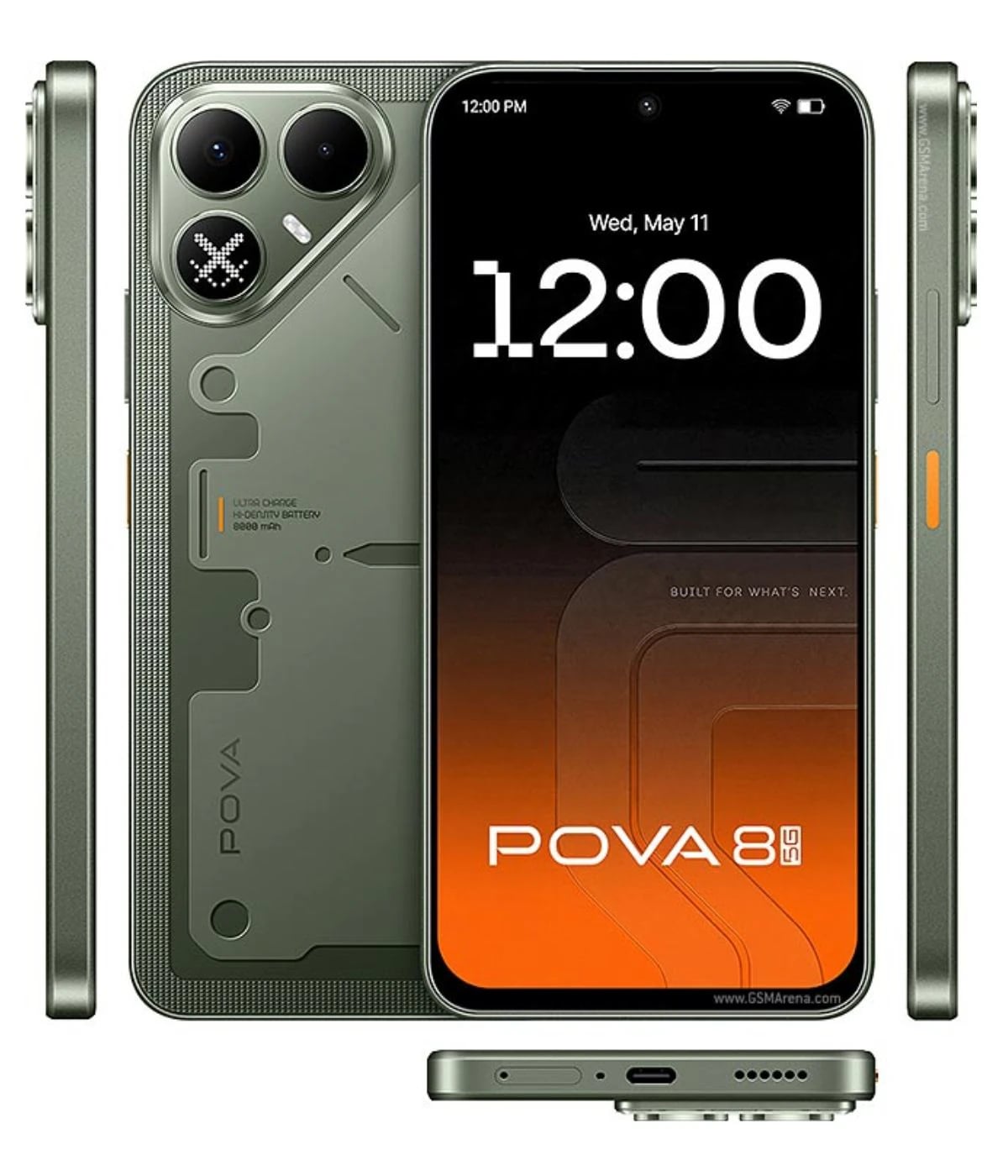 Tecno Pova 8 smartphone in green color, featuring a sleek design with dual rear cameras and a vibrant display showing the time. The device has a modern aesthetic with a textured back and is viewed from multiple angles.