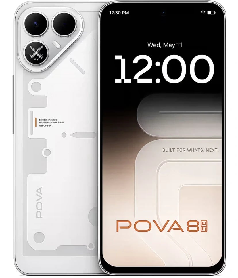 Tecno Pova 8 5G smartphone featuring a sleek white design with dual rear cameras, a vibrant display showing the time and date, and the POVA 8 branding. The device is positioned against a plain background, highlighting its modern aesthetics.