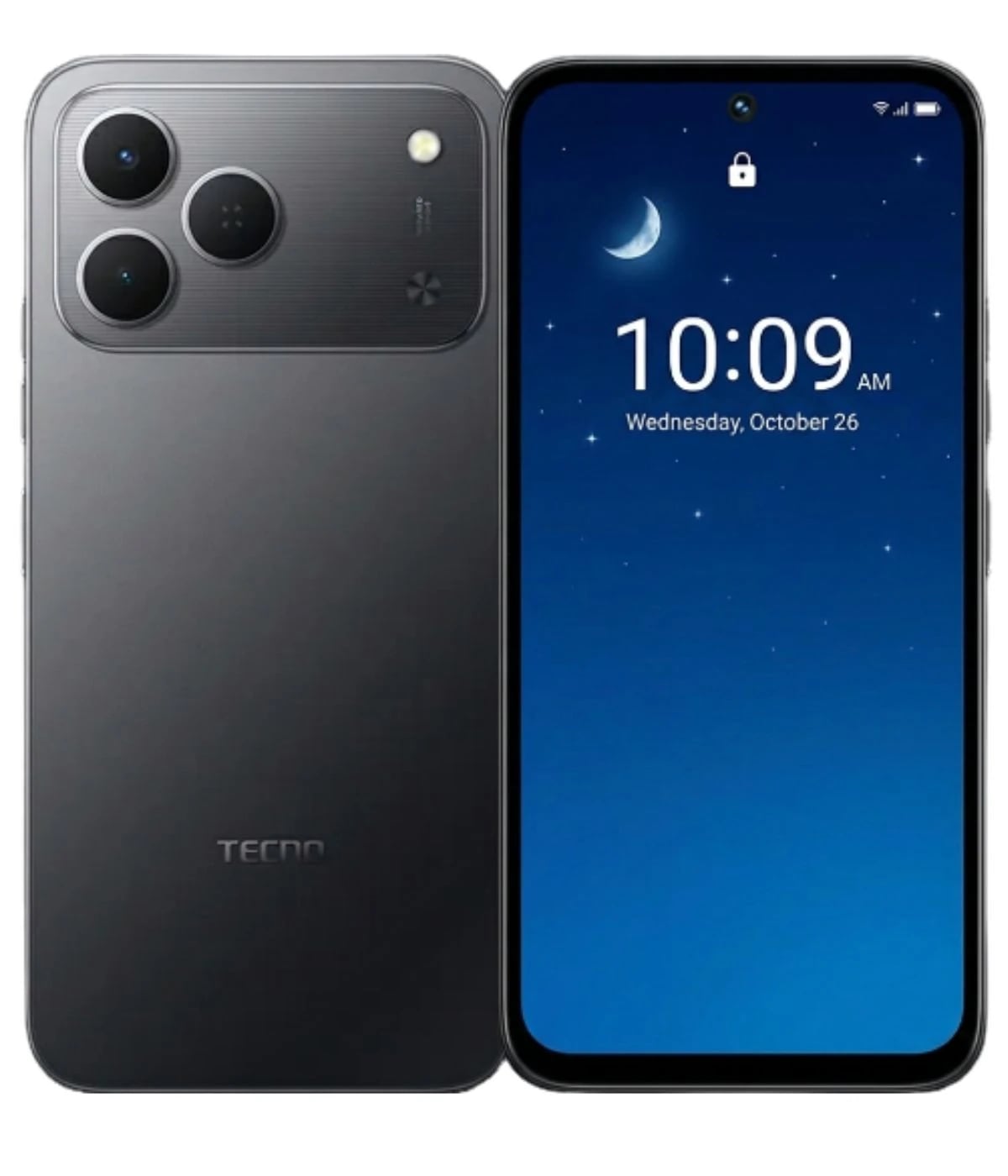 Tecno Spark 50 smartphone featuring a sleek black design, dual rear cameras, and a vibrant blue display showing the time and date. The device is positioned front and back to highlight its modern aesthetics.