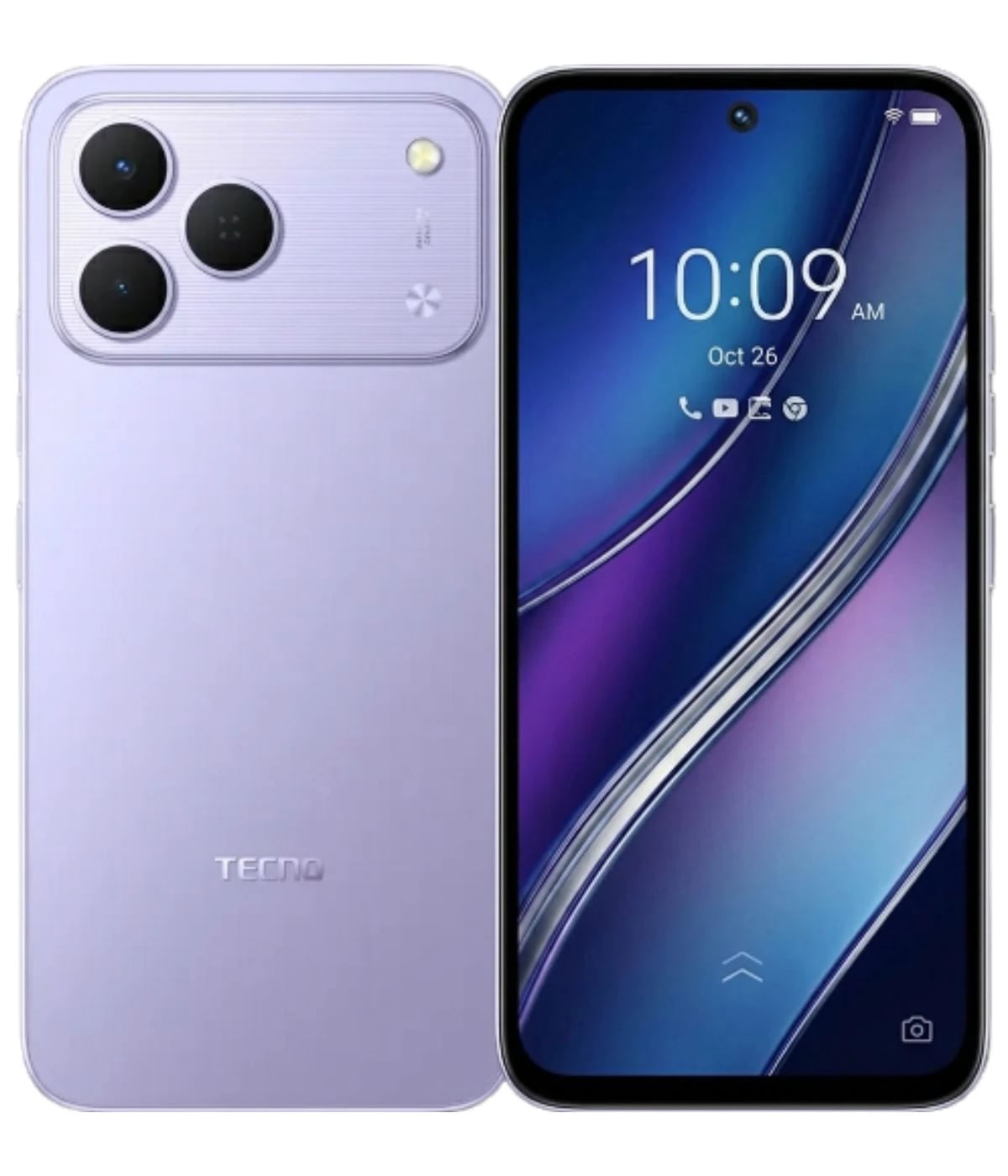 Tecno Spark 50 smartphone in a stylish lavender color, featuring a sleek design with a triple camera setup on the back and a vibrant display showing the time and date. The device is presented front and back, highlighting its modern aesthetics and…
