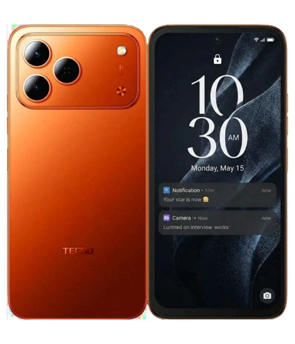 Tecno Spark 50 smartphone in vibrant orange color featuring a sleek design, dual rear cameras, and a modern display showing the time and notifications. The device showcases a premium finish with the Tecno logo prominently displayed.
