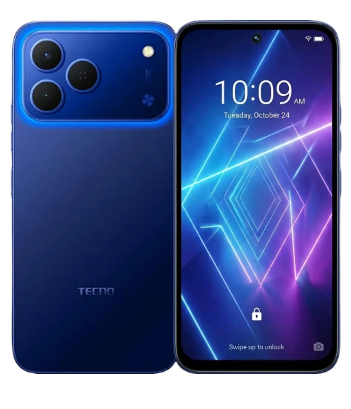 Tecno Spark 50 smartphone in a striking blue color, featuring a dual-camera setup on the back and a vibrant display showcasing a colorful geometric wallpaper. The sleek design highlights the TECNO branding on the rear.