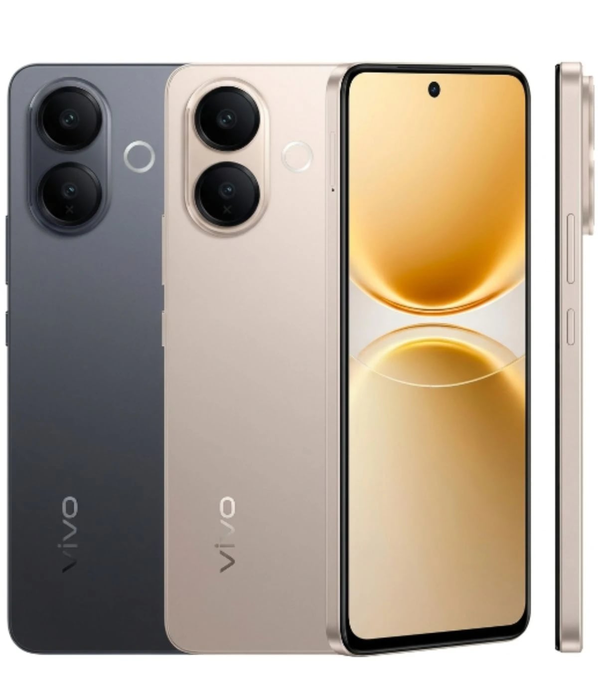 Vivo V70 Lite smartphone in two color variants: sleek black and elegant gold. Features dual rear cameras and a vibrant display with minimal bezels. Showcased from multiple angles to highlight design and finish.