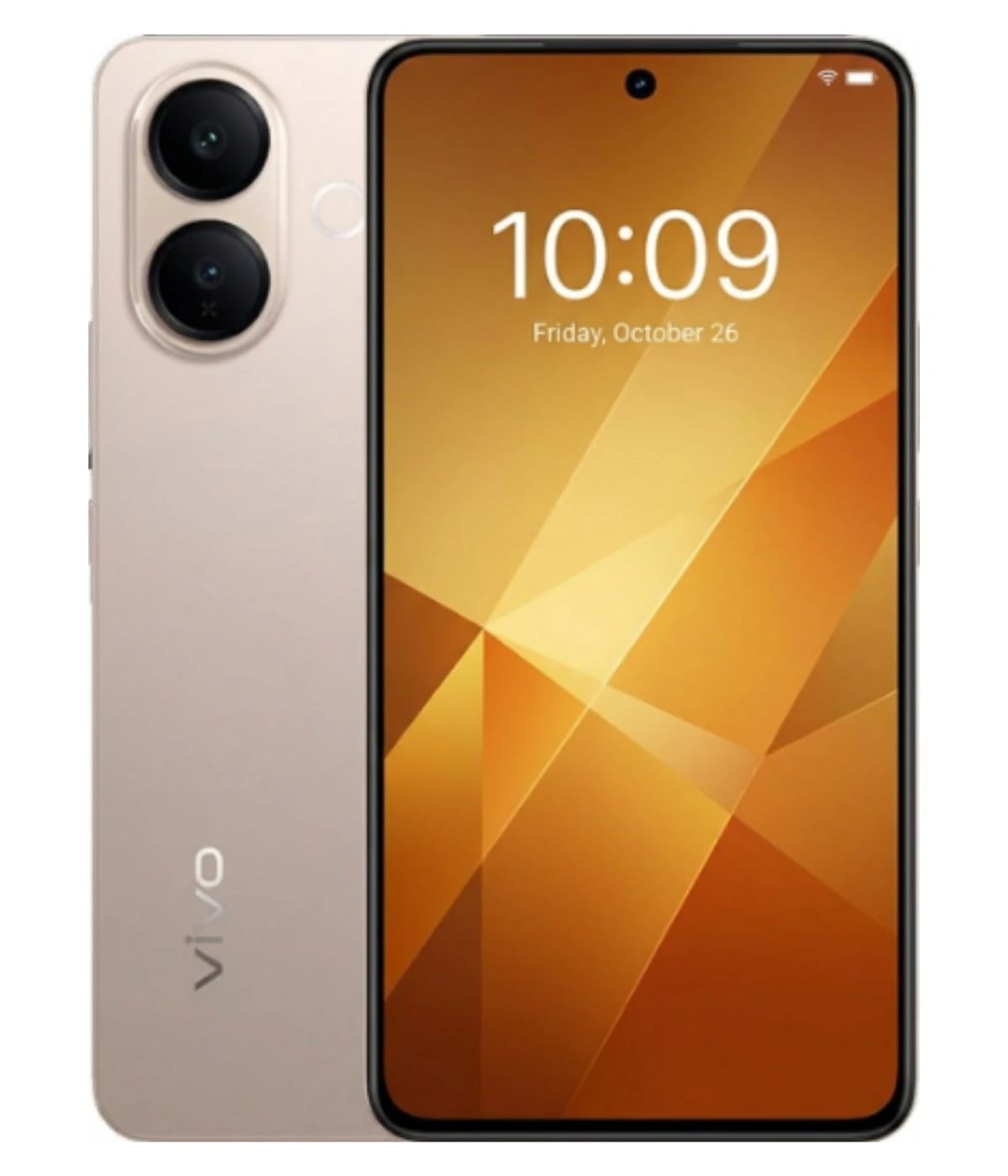 Vivo V70 Lite smartphone in a sleek gold finish featuring dual rear cameras, a vibrant display with a geometric pattern, and a front-facing camera. The device showcases a modern design with a thin bezel and a centered punch-hole camera.