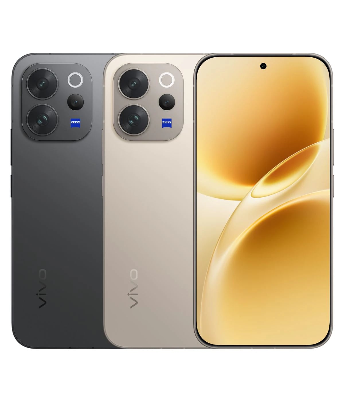 Vivo V70 smartphone in two colors: sleek black and elegant gold. Features a stunning display with minimal bezels and a dual-camera setup with Zeiss optics. Ideal for photography enthusiasts.