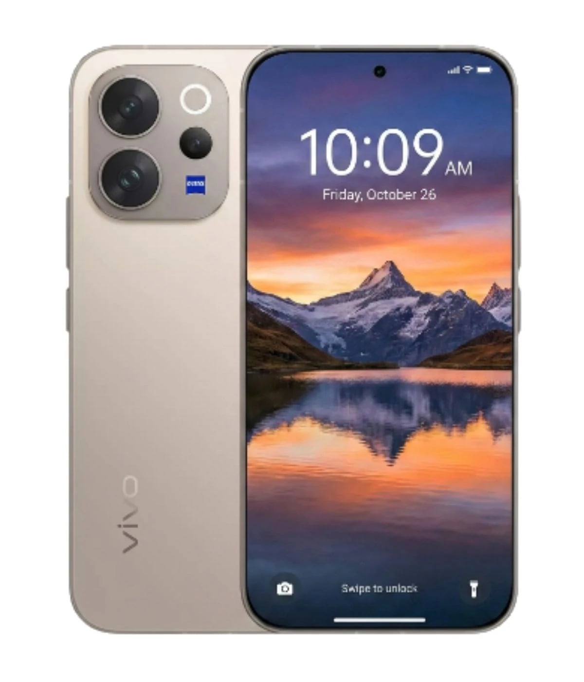 Vivo V70 smartphone in elegant gold color featuring a dual-camera setup on the back, vibrant display showcasing a scenic mountain landscape, and a sleek design. The device is shown from the front with a clear view of the screen and time display.