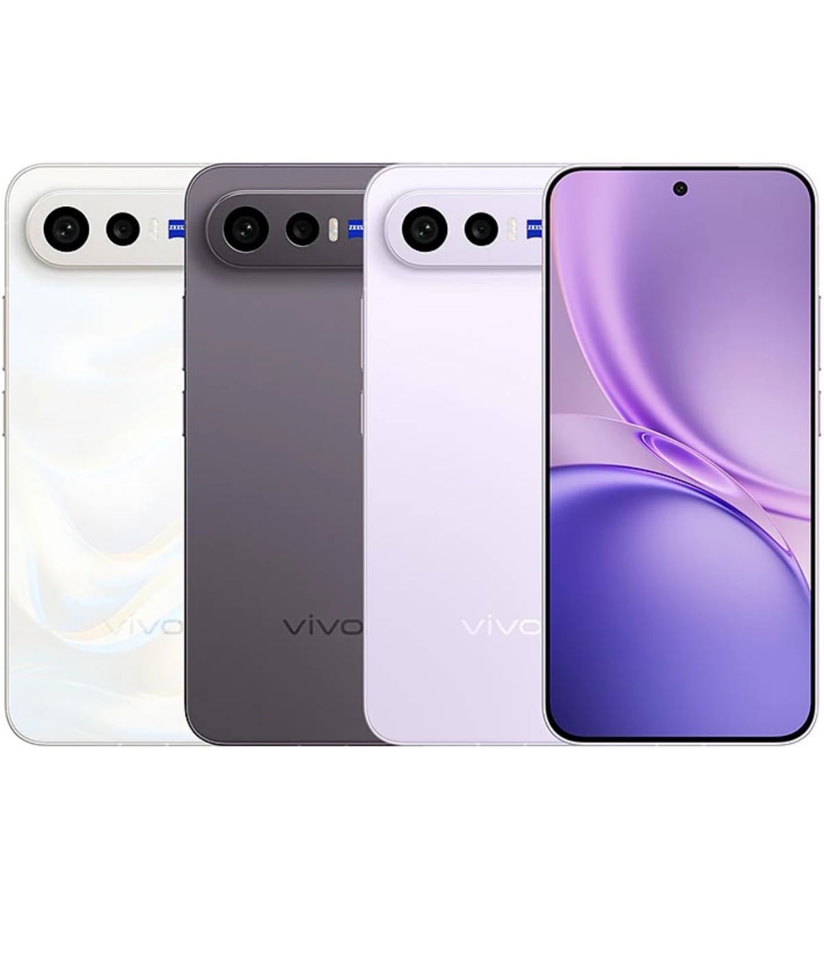 Vivo X300 FE smartphone displayed in four color variants: white, gray, lavender, and purple. Each phone features dual rear cameras and a sleek design with a modern aesthetic. The front view showcases a vibrant display with minimal bezels.