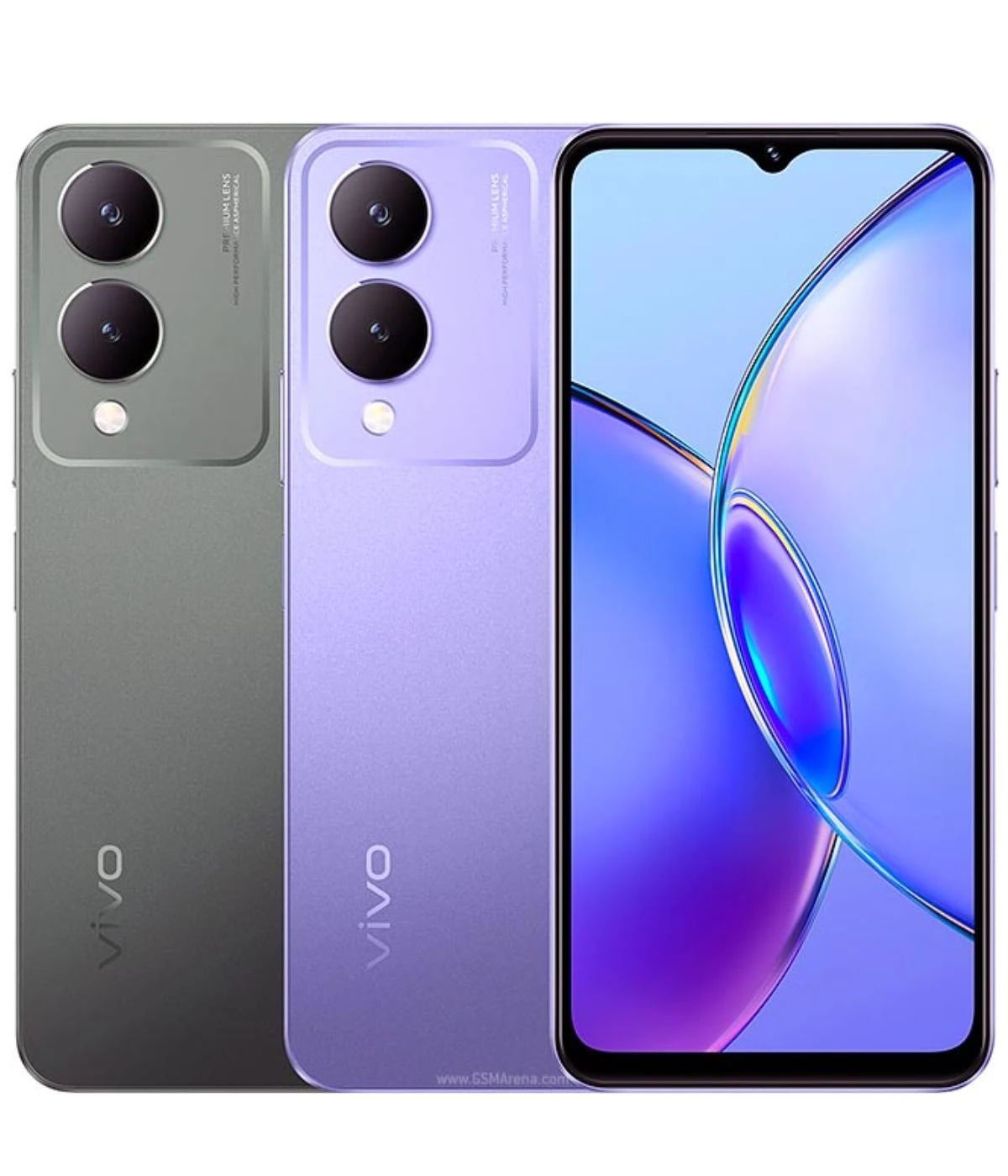 Vivo Y17s smartphone in two color variants: a sleek gray and a stylish lavender. Features dual rear cameras with a modern design, showcasing a vibrant display and slim profile.