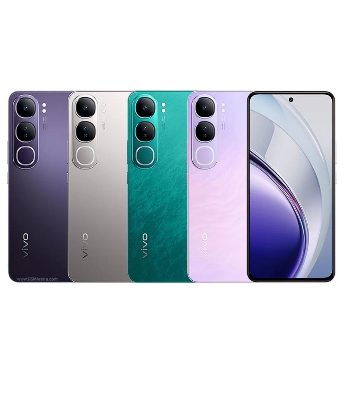 Vivo Y200 smartphone collection featuring four stylish colors: purple, silver, teal, and lavender. Each phone showcases a sleek design with dual rear cameras and a vibrant display, ideal for tech enthusiasts.