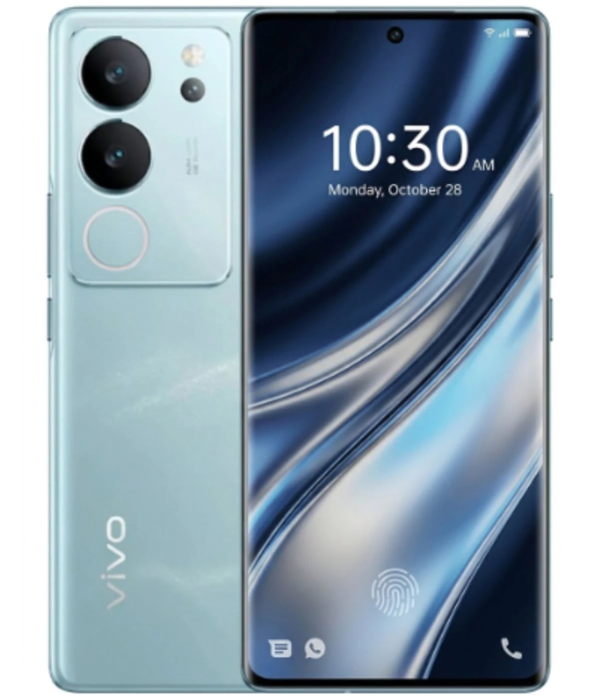 Vivo Y29 smartphone in a sleek light blue color with dual rear cameras and a vibrant display. Features a fingerprint sensor on the front, showcasing a modern design and advanced technology.