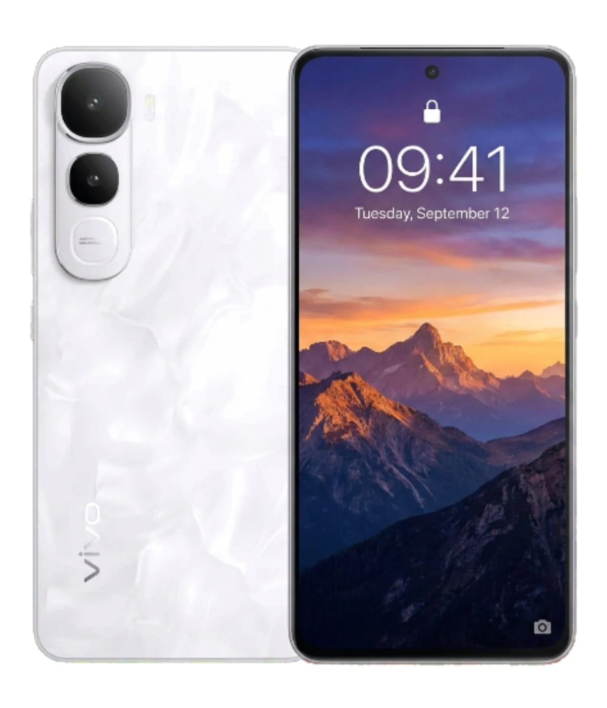 Vivo Y400 smartphone featuring a sleek white design with a textured back and dual rear cameras. The front displays a vibrant lock screen showcasing a mountain landscape. Ideal for tech enthusiasts seeking style and performance.