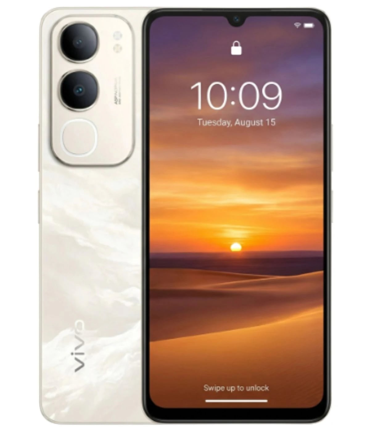 Vivo Y50 smartphone featuring a sleek design in a pearl white color with dual rear cameras and a vibrant display showcasing a sunset. The device is shown from the front and back, highlighting its modern aesthetics.
