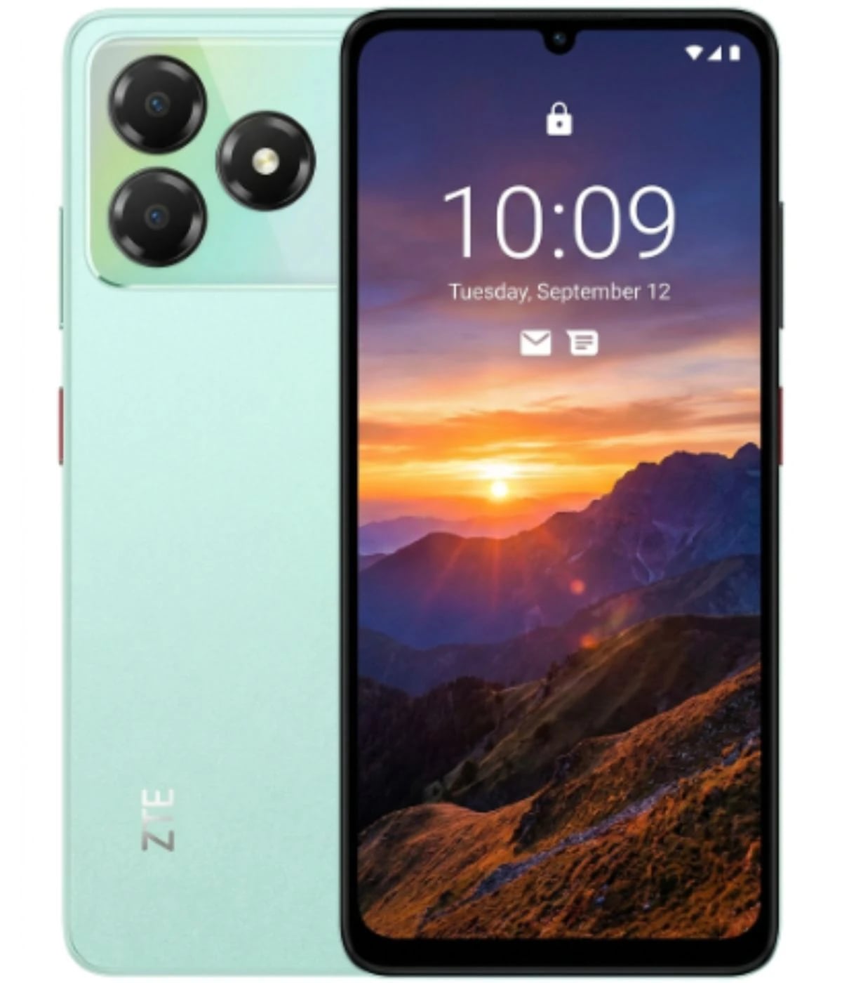 ZTE Nubia A36 smartphone in mint green color featuring a sleek design, dual rear cameras, and a vibrant display showcasing a sunset landscape. The device is shown from the front and back, highlighting its modern aesthetics.