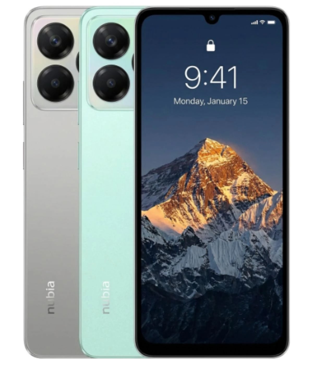 ZTE Nubia A36 smartphone in mint green and silver colors, showcasing a sleek design with a triple camera setup on the back. The front displays a vibrant lock screen featuring a mountain landscape.
